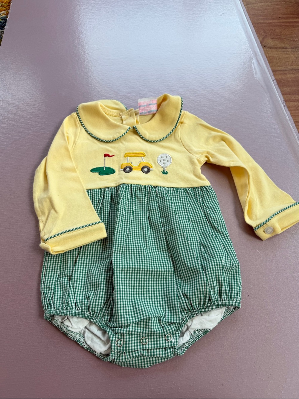 Stitchy Fish Golf Embroidered Bubble Romper 18mo Yellow Green The Masters Inspo